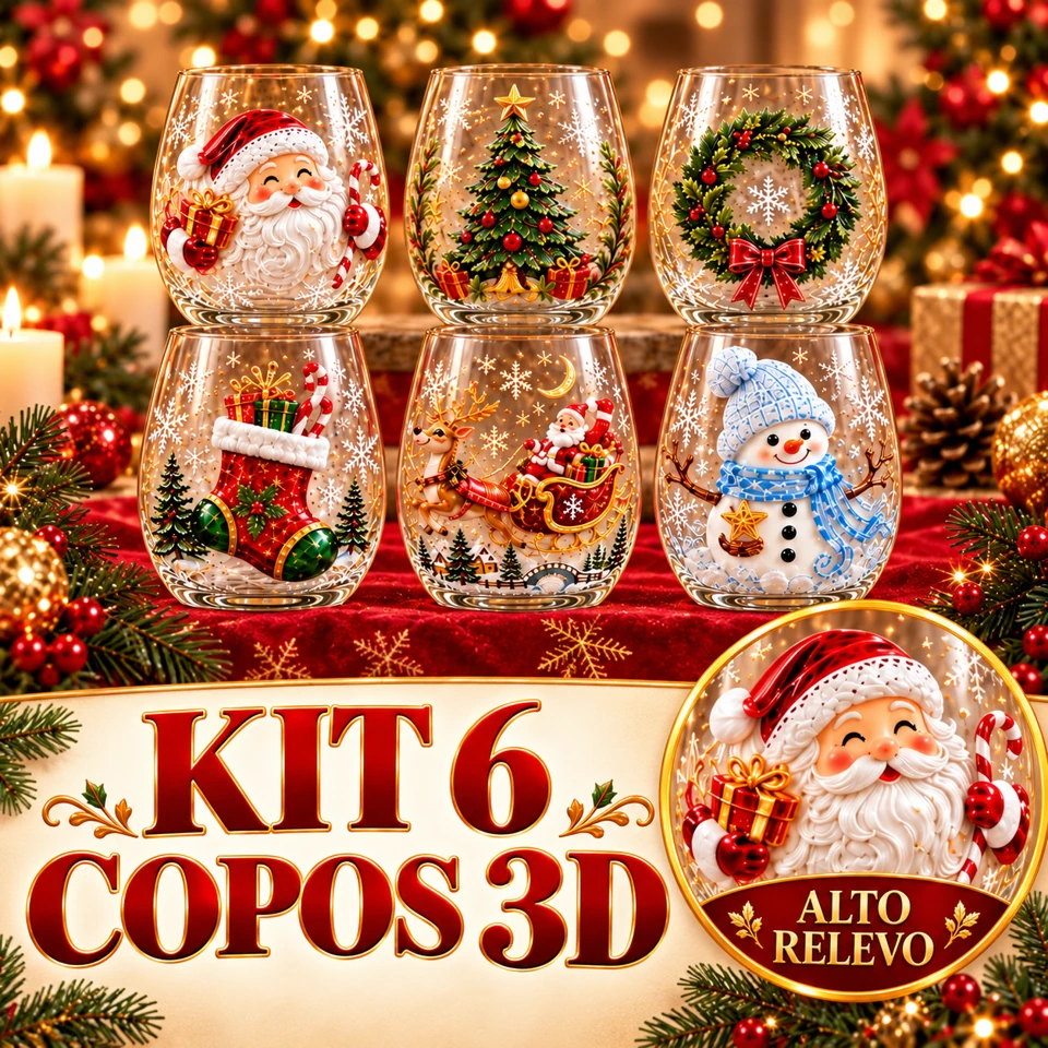 Conjunto 6 Copos de Natal em Relevo com Caixa de Presente