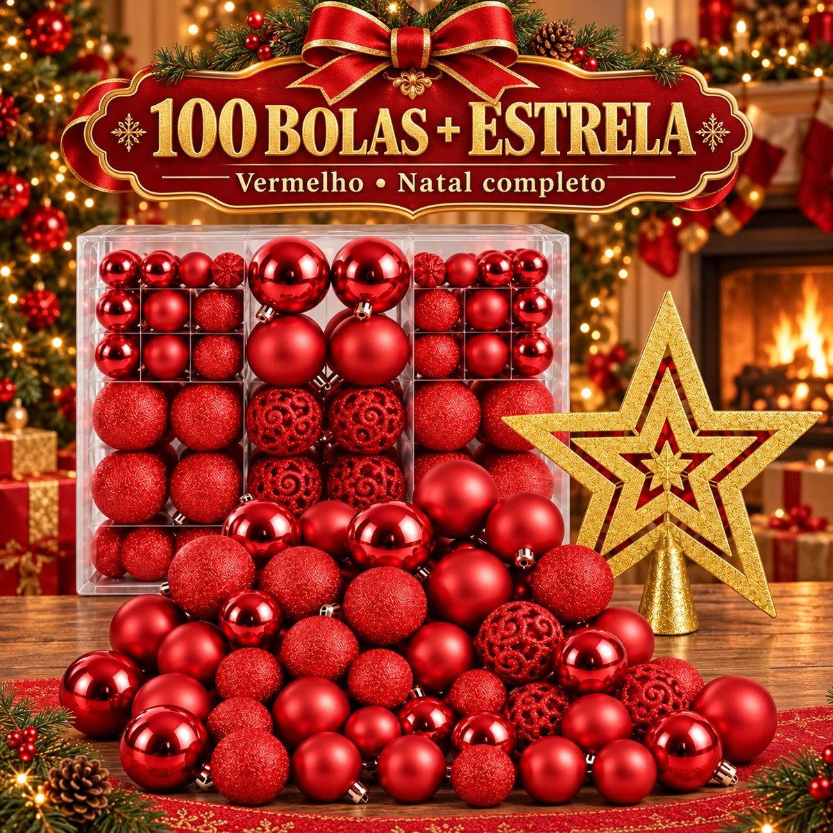 Kit 100 Bolas Vermelhas + Estrela — Natal Completo