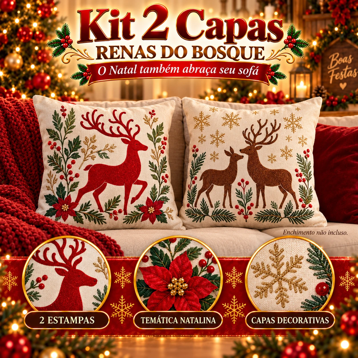 Kit 2 Capas de Almofada — Renas do Bosque