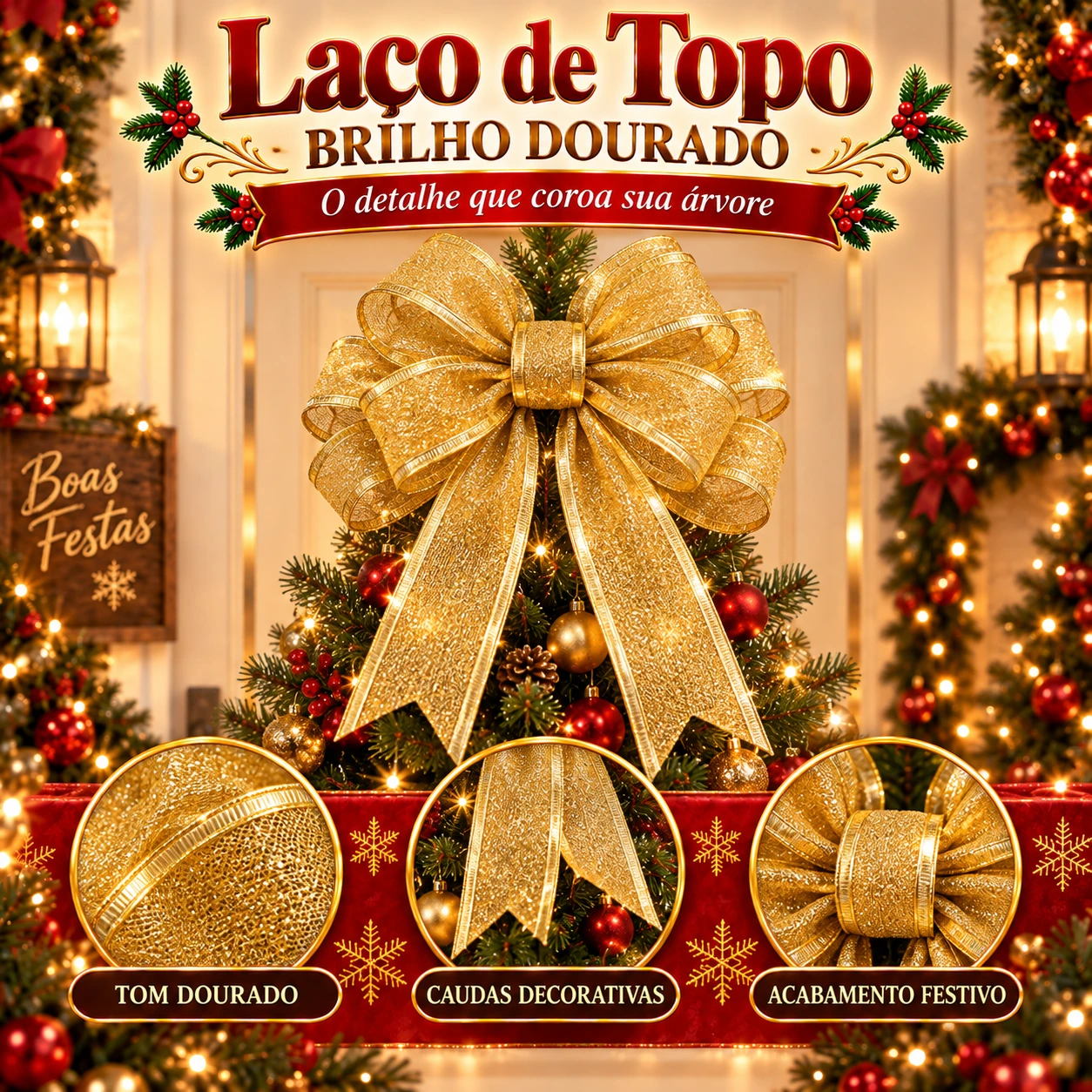 Laço de Topo de Árvore — Brilho Dourado