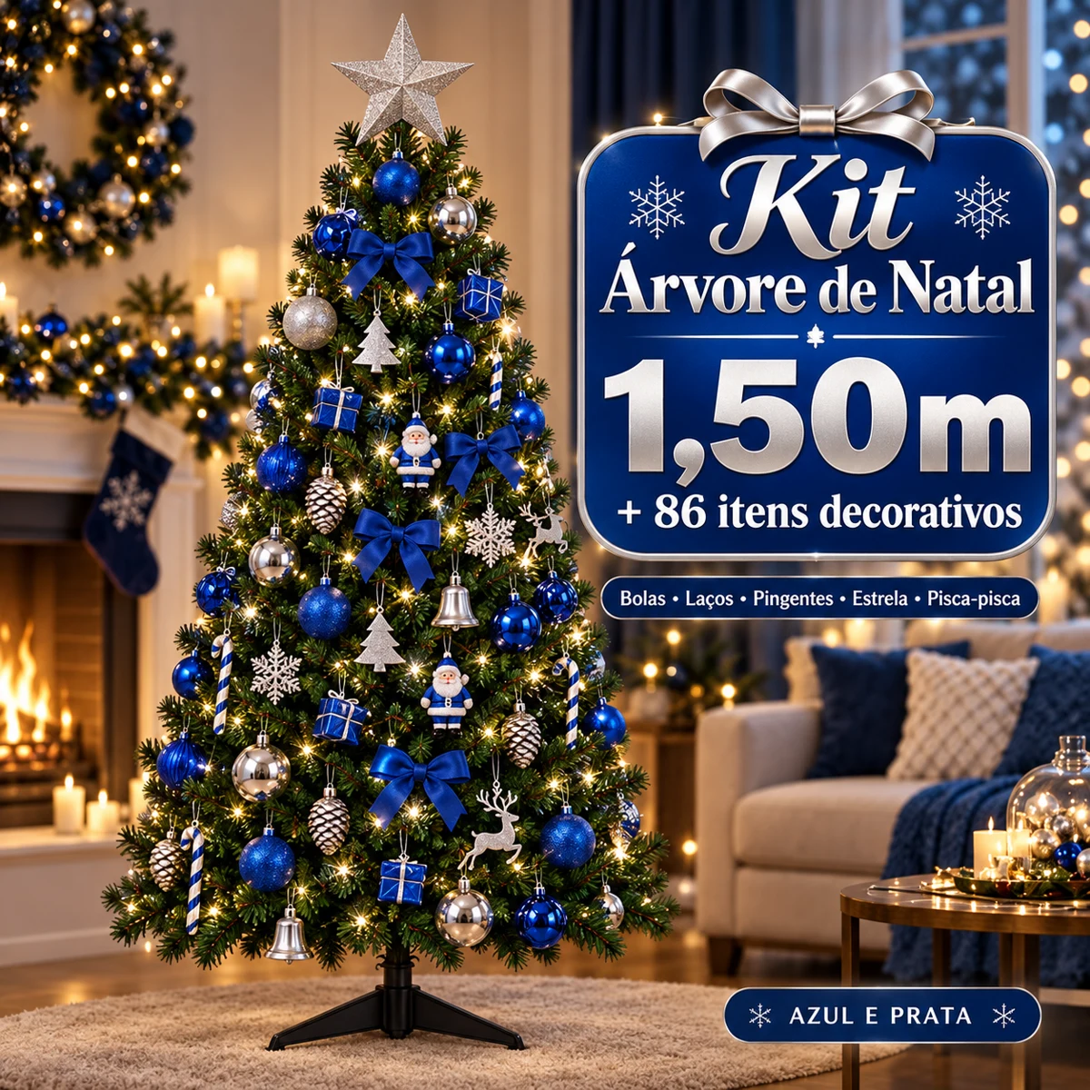 Kit Árvore de Natal 1,50M — Azul e Prata