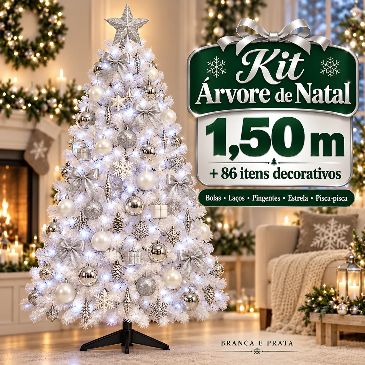 Kit Árvore de Natal 1,50M — Branca e Prata