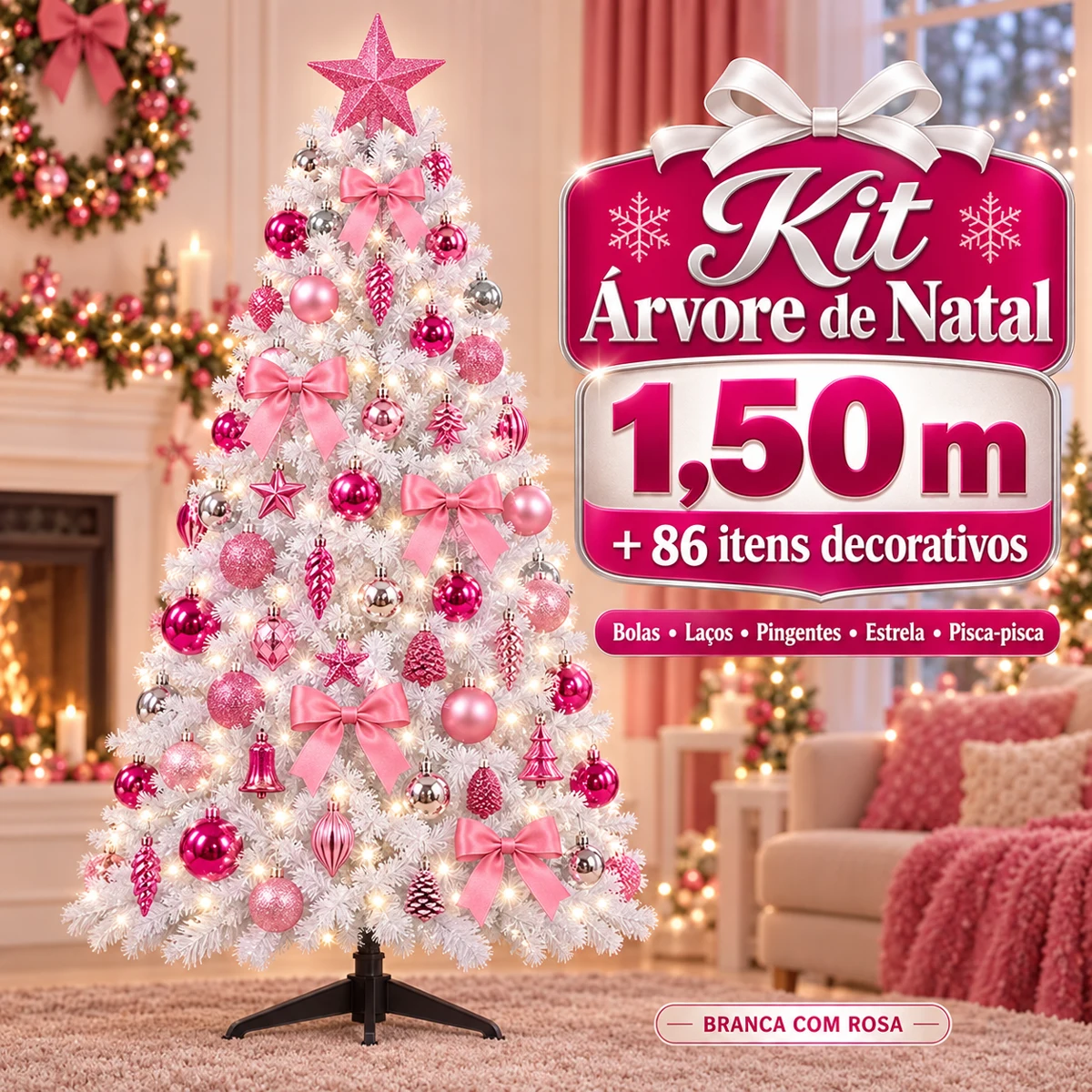 Kit Árvore de Natal 1,50M — Branca com Rosa
