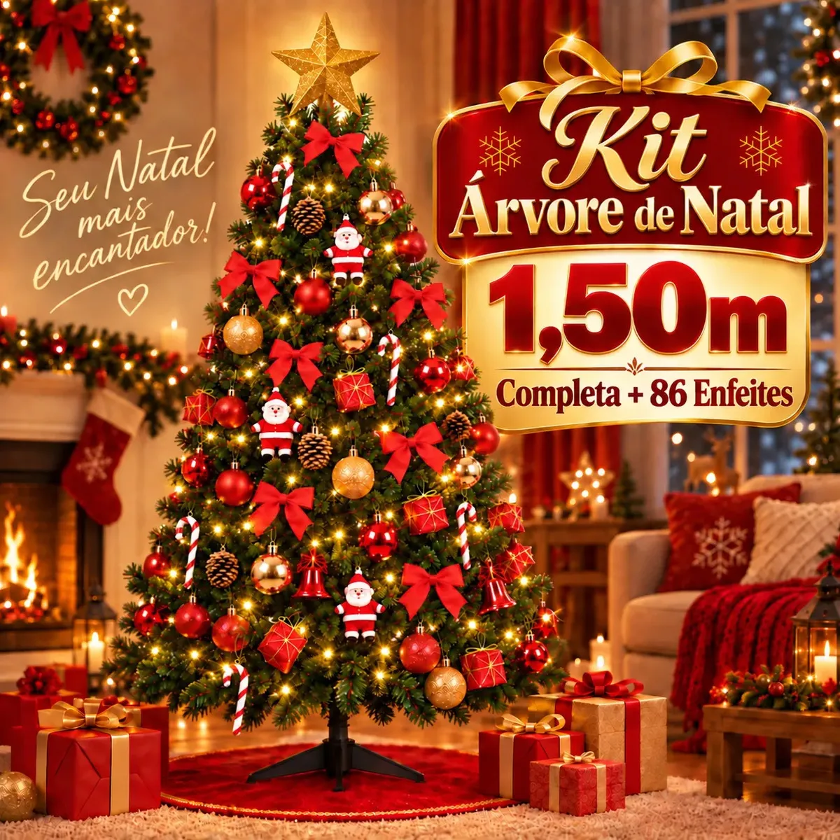 Kit Árvore de Natal 1,50M — Tradicional Vermelho e Dourado