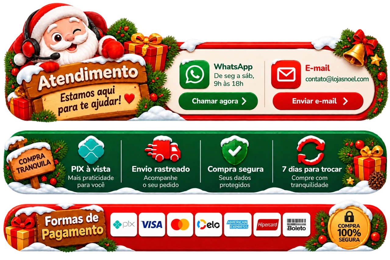 Atendimento Lojas Noel. WhatsApp de segunda a sábado, 9h às 18h. E-mail contato@lojasnoel.com. PIX à vista, envio rastreado, compra segura e 7 dias para trocar. Formas de pagamento.